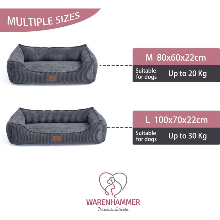 Ортопедичне собаче ліжко преміум-класу з корду для собак маленьких та середніх порід, з додатковою петелькою, водонепроникний внутрішній чохол, собаче ліжко-софа, подушка для собак, знімний та пральний чохол, 80 x 60 x 17 см, Сірий (M)