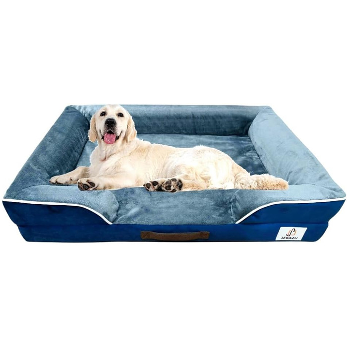 Ортопедичне ліжко для собак великих порід, вологостійке, з memory foam, знімний чохол, антиковзаюча база (89 x 64 x 17 см, блакитний/сірий)