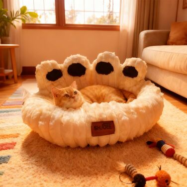 М'яке ліжко для домашніх тварин: ліжко для собак та котів у формі лап ведмедя, діаметр 60 см, бежеве