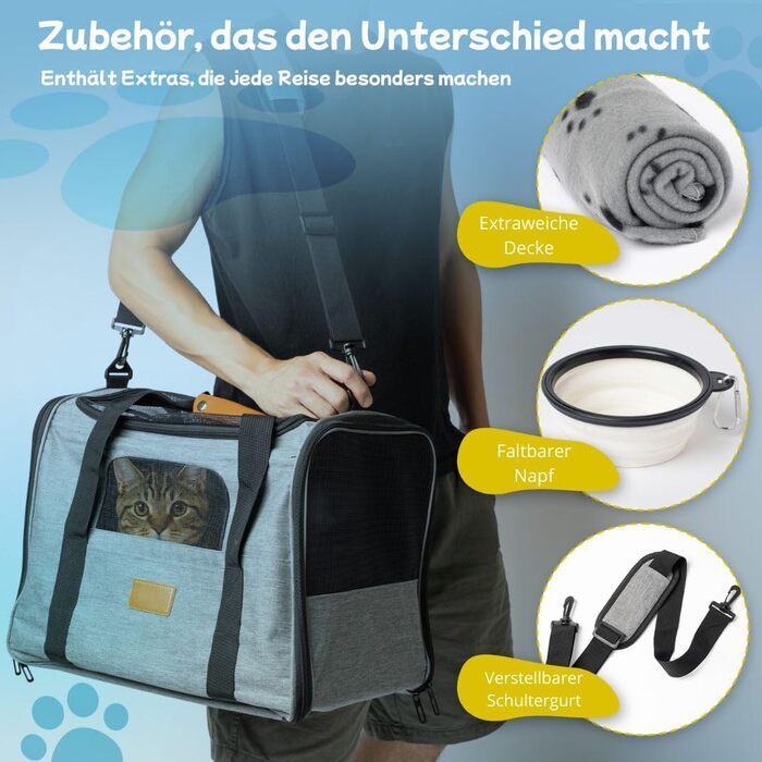 TREKAM Транспортний бокс для котів та маленьких собак з мискою, ковдрою, ременем на плече та м'якою підкладкою - для автомобіля та літака