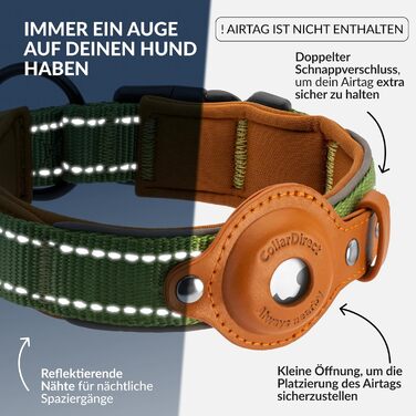 Нашийник для Apple AirTag для собак CollarDirect, світловідбиваючий, зелений, розмір M (34-42 см)