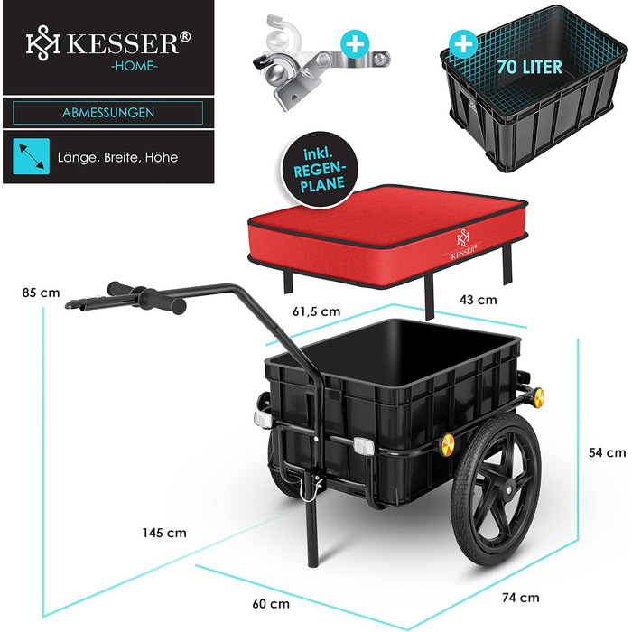 Причіп для велосипеда KESSER®: вантажний, ручний, 70 літрів, для 2 ящиків пива, 26-28 дюймів (червоний)