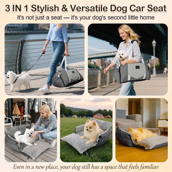 Автокрісло для собак 3-в-1 з розкладним ліжком – переносна автолюлька для маленьких собак, з м'яким матрацом, для переднього або заднього сидіння, внутрішнє та зовнішнє використання (02-Сірий)