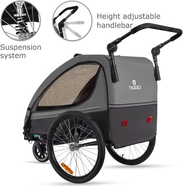 Дитячий велосипедний причіп Tiggo VS 2в1 з амортизацією та поворотним з'єднанням 360° - для 1-2 дітей (до 40 кг), темно-сірий