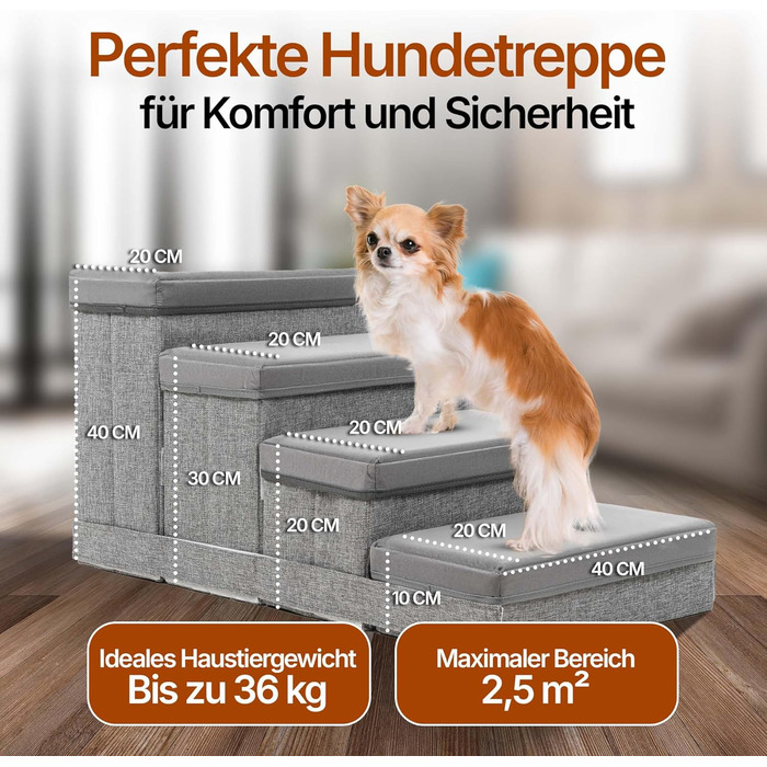 Сходи для собак і котів FUZZY PETS з 4 ящиками, складні, протиковзкі, з ременем безпеки, сіра