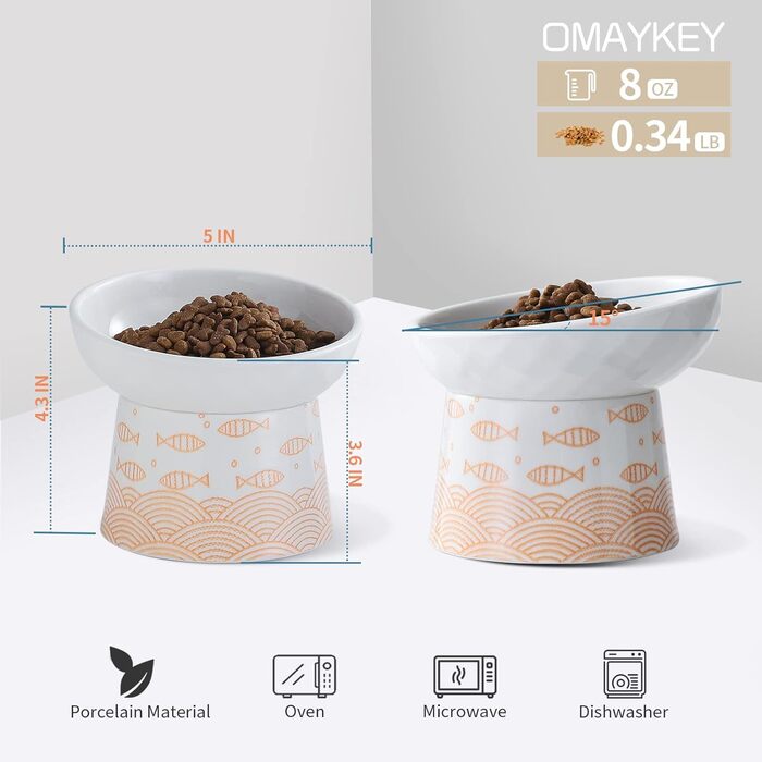 Підняті керамічні миски для котів OMAYKEY, набір з 2-х, порцелянові, для корму та води, під нахилом, для котів і малих собак, придатні для посудомийки та мікрохвильовки