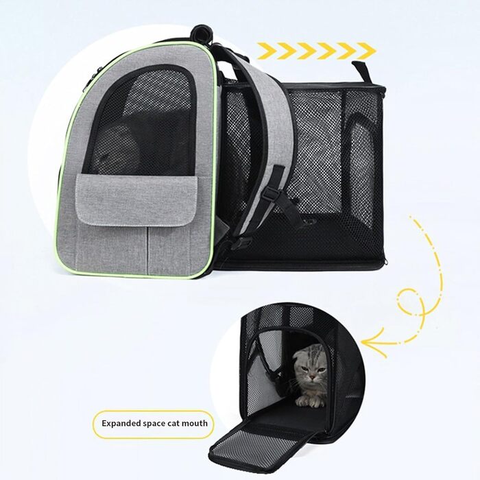 Транспортна сумка для котів, рюкзак для маленьких собак, дихаюча та розширювана сумка-рюкзак для подорожей та перевезення домашніх тварин (сірий з зеленими вставками)