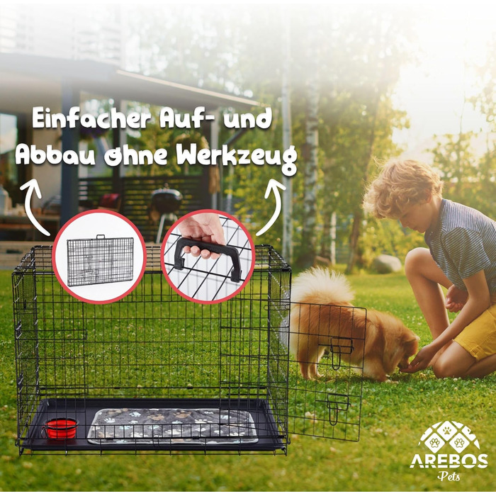 Клітка для собак Arebos | Транспортна переноска для собак, складана | Клітка-переноска для авто | Клітка для собак з 2 дверцятами | Чорна (92,5 x 60 x 66 см)