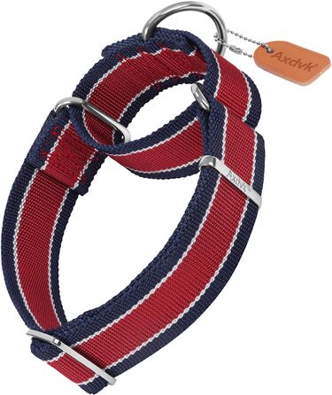 Нашийник для собак Martingale, 4 см, міцний нейлон 1600D, анти-вислизання, з трикольоровими смугами, для собак середніх та великих порід (M), сіро-блакитний & чорний, розмір 43-64 см