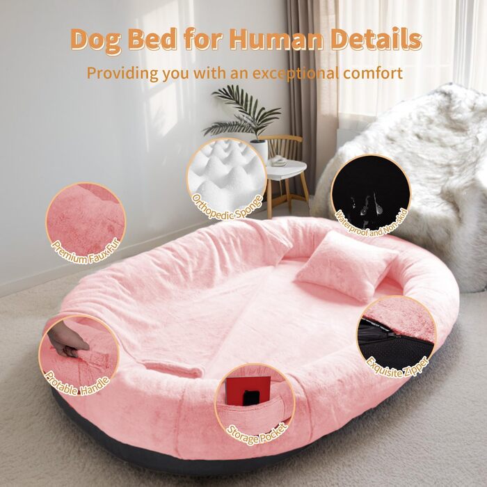 Ліжко для собак та людей NESTROAD, 180x114x35 см, рожеве. Зручне ліжко-мішок з штучним хутром, ковдрою та подушкою.