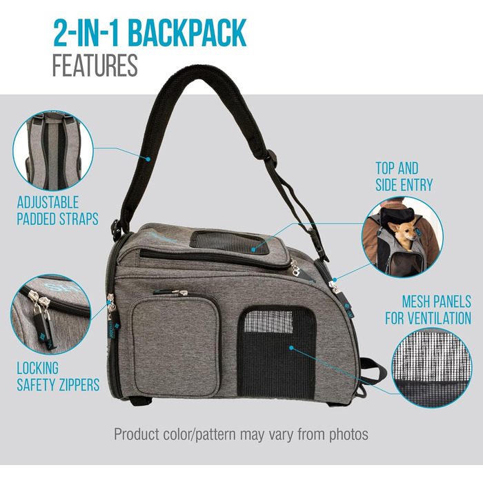 Рюкзак-переноска для тварин Sherpa 2-в-1, сірий, розмір M (43x27x28 см), дозволений авіакомпаніями, машинного прання, з сітчастим вікном, безпечними замками, легким каркасом