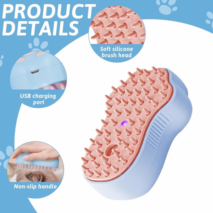 Щітка для тварин з водою: для котів та собак (коротко- та довгошерстих), самоочисна, з резервуаром для води та розпилювачем, для масажу, догляду та видалення шерсті (рожева, синя, зелена) (2 сині)