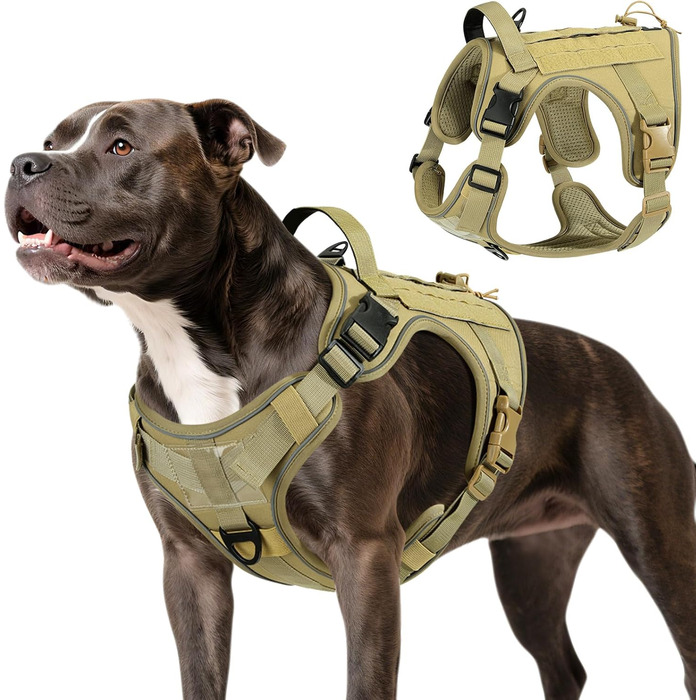 Тактичний нашийник для собак VavoPaw з панеллю Molle та світловідбиваючими смугами, армійного кольору, розмір L (45-80 фунтів, обхват грудей 23.6-41.7', шиї 15-27.5')