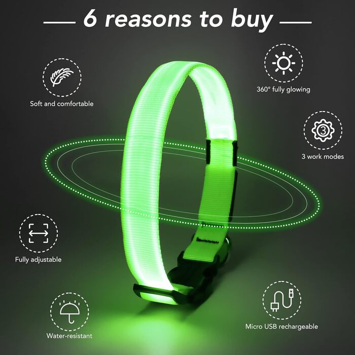 LED-нашийник для собак KOSKILL, перезаряджається через USB, водонепроникний, світлодіодний, регульований, надзвичайно яскравий, для середніх та великих собак (зелений, M)