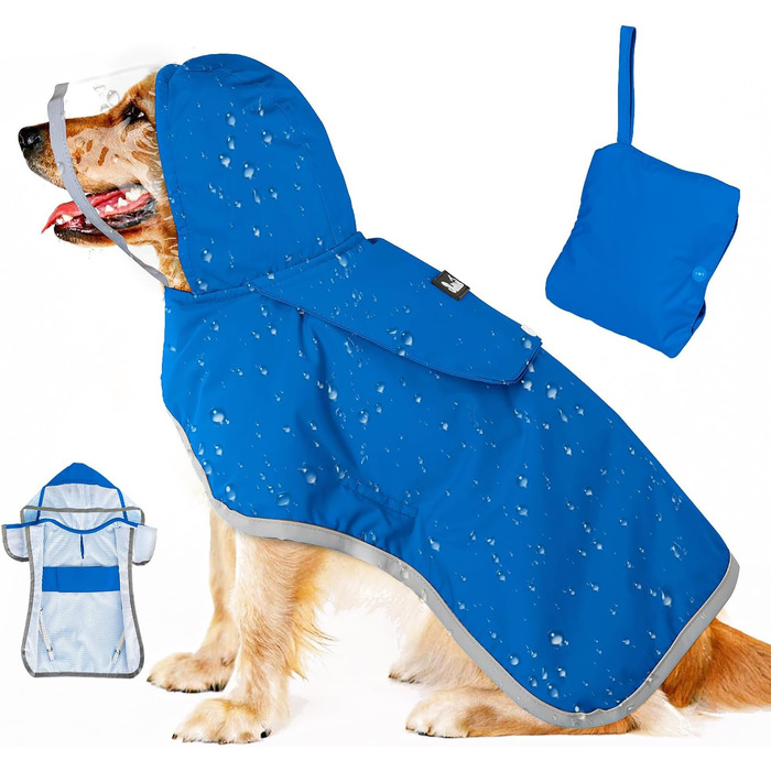 Водонепроникний дощовик для собак Eyein, дощовик для маленьких собак з капюшоном та м'якою підкладкою, регульована куртка для собак з світловідбиваючими смугами, вітронепроникний та легкий (XXL, Синій)