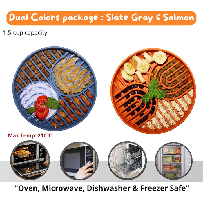 Миски для повільного годування собак та котів, силікон, 2 шт. (Лакс та Шкіряно-сірий), нековзні, для повільного харчування