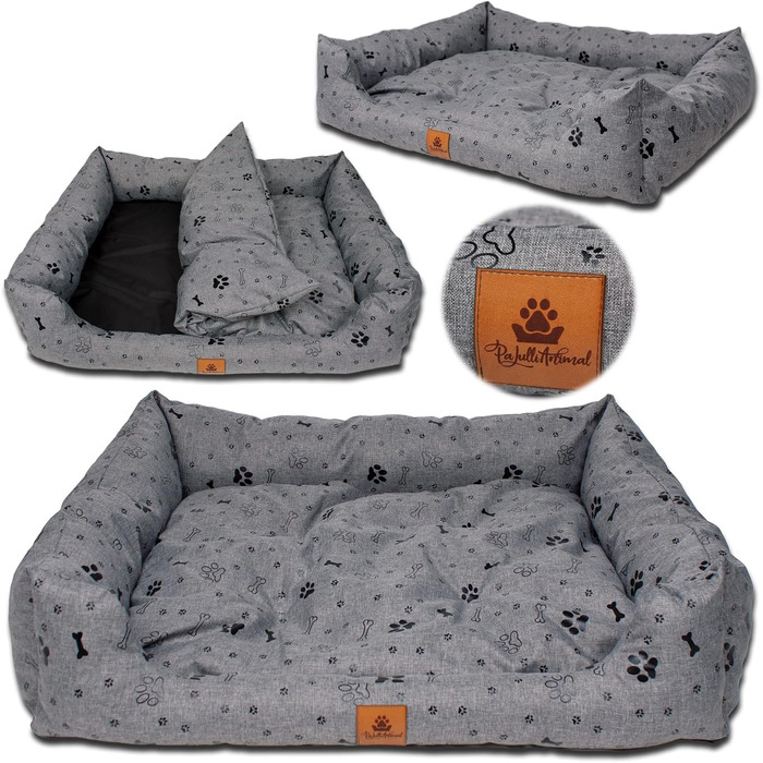Ліжко для собак PaLulli: зручне, водонепроникне, з м'яким знімним подушкою, 115x85x18 см (сірий з лапами)