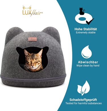 Luxflair Стабільний фетровий будиночок для котів з вушками, 38x42x36 см, темно-сірий, з подушкою, для котів і малих собак, праний