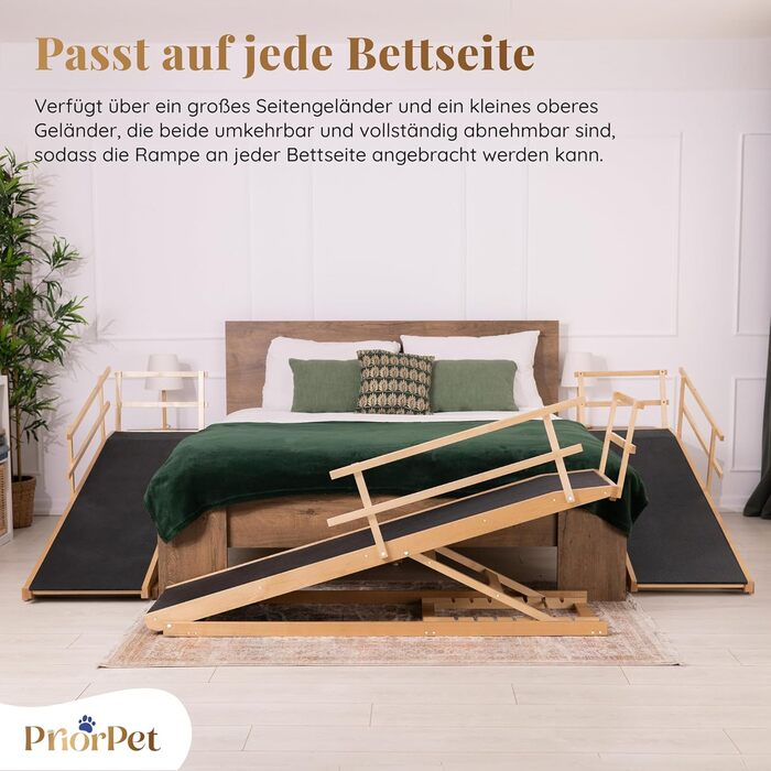 Сходинки для собак до ліжка з поручнями - для великих собак до 90 кг - регульована висота до 94.5 см - ширина 49.5 см - складаються - антиковзні ручки - з натурального березового дерева - колір натуральний