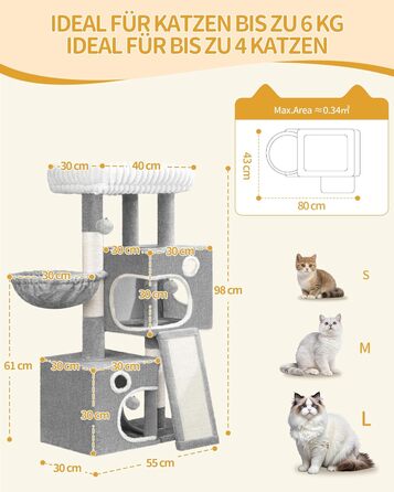 Кігтеточка для котів Hzuaneri, 98 см, з платформою, іграшками та кігтедраперами, сіра