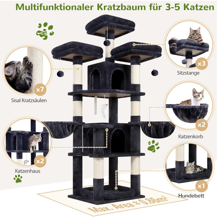 Ігровий комплекс для котів Globlazer F68B з 3 платформами та 2 будиночками, кігтеточка для 2-3 котів, 174 см, темно-сірий