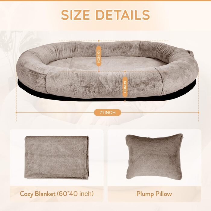 Ліжко для собак та людей NESTROAD, 180x114x35 см, знімний чохол з штучного хутра та ковдрою, велике ліжко-мішок для відпочинку, колір: верблюжий