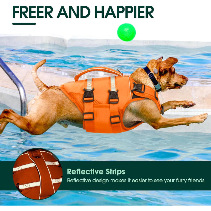 Спасальний жилет для собак Kuoser великого розміру з ручкою та світловідбиваючими елементами, регульований, посилений, для великих собак, помаранчевий (S)