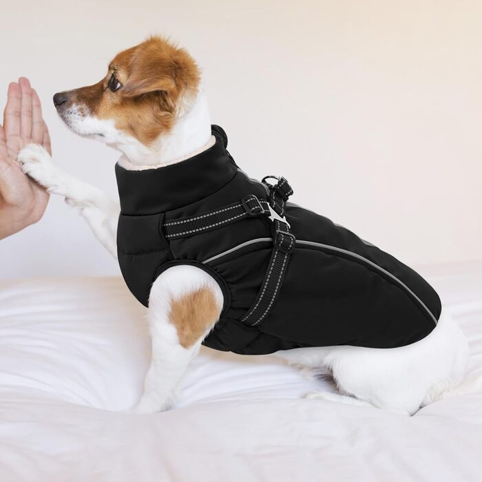 Теплий зимовий одяг для собак: куртка з блискавкою, вітрозахисна, з відбиваючими смугами та нагрудником для маленьких, середніх та великих собак (S, чорний)