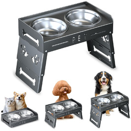 Підвищений годівниця для собак з 3 рівнями – 2 великі миски з нержавіючої сталі для маленьких, середніх та великих собак (Сірий)