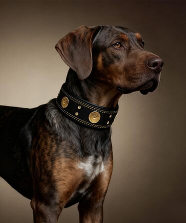 Шкіряний нашийник для собак, 5 см, ручної роботи, преміум-якість, для великих та середніх порід, золото-чорний, розмір M (46.5-57.5 см)