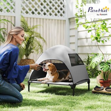 Лежанка для собак PawHut Outdoor з дахом, піднята лежанка для середніх собак, прохолодна лежанка для домашніх тварин з миючим сітчастим сталевим каркасом, переносна сумка, лежанка для тварин для вулиці, кемпінгу 76x61x71см, світло-сіра L 76 x 61 x 71 см с