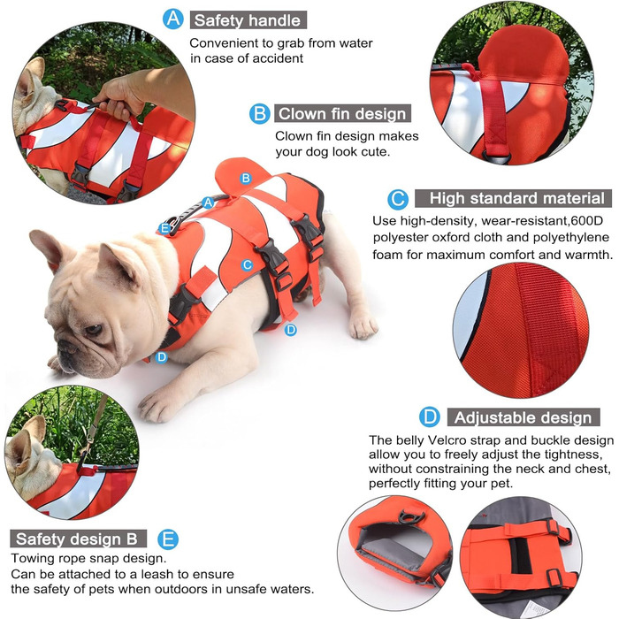 Рятувальний жилет для собак Hifrenchies Французький бульдог, розмір M, дизайн 'Клоун-рибка'