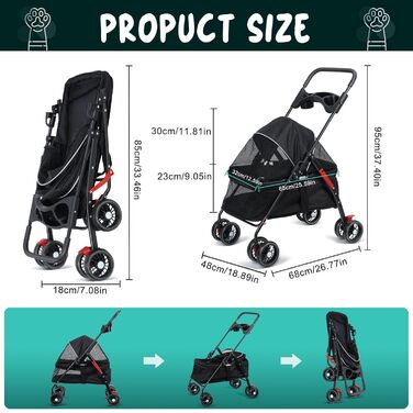 Дитяча коляска 2 в 1 для тварин Loyliawa, складна, з кошиком, тримачем для напоїв, чорна