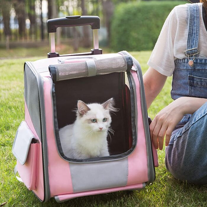Транспортна сумка на колесах для собак та котів, сумка-переноска з віконцем, рожева, 35x29x37 см