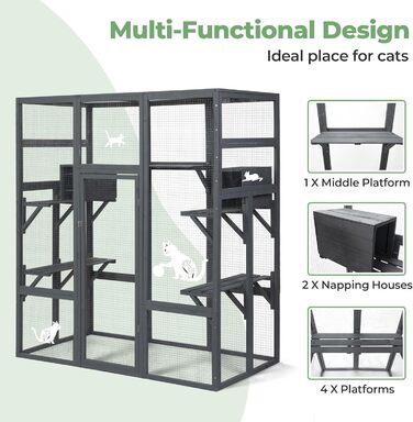 Великий дерев'яний кігтечка для котів COZIWOW з лежаками, печерами, ігровим комплексом та простором для бігу, для дому, з водонепроникним дахом, 7 платформ, 2 будиночки, стійкий до УФ-випромінювання, 167 см x 82 см, сірий, XL