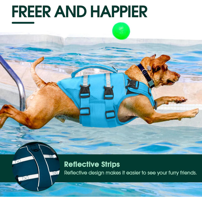 Жилет для собак Kuoser великий, рятувальний жилет для собак з ручкою та світловідбиваючими елементами, регульований, для великих собак, покращений плавучість, (S, блакитний)