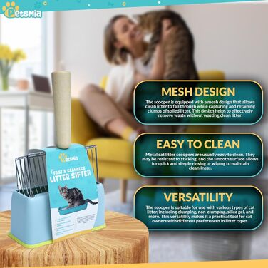 Велика лопатка для котячого туалету з нержавіючої сталі PetsMia, знімне дно, ергономічна ручка, преміум-якість, для легкого очищення та довговічного використання
