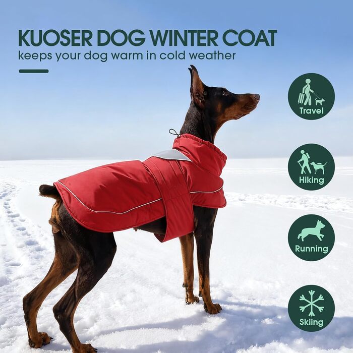 Тепла водонепроникна куртка для собак Kuoser з світловідбиваючим дизайном, шнурком на шиї, зручна застібка на липучці, червона M