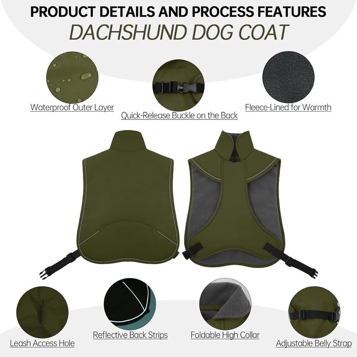 Зимовий теплий одяг для такси (S), водонепроникний зимовий одяг для собак, куртка для маленьких собак XS, зимовий одяг для собак з захистом живота та отвором для повідка, армійсько-зелений