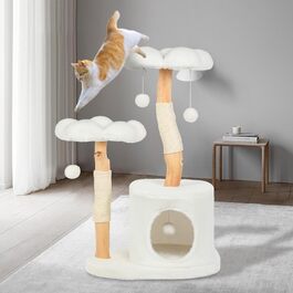 Котячий комплекс-такса для дорослих котів, дерев'яний сучасний котодерево з 6 помпонами, естетичний розкішний будиночок з когтеточкою для котів та кошенят