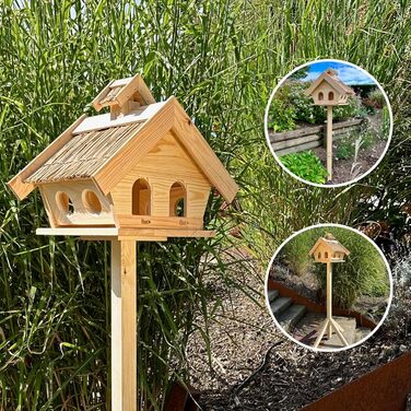Дерев'яний годівничка для птахів GARTENETAGE з солом'яним дахом і стійкою 2в1, міцна та стійка, для балкона і саду, вулична годівничка для птахів