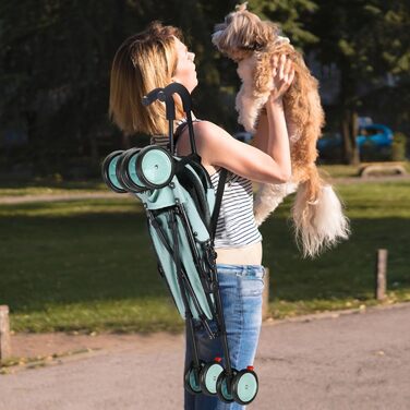 Дитяча коляска 3-в-1 для собак та котів, складна, з регульованою ручкою, 6 коліс, дихаюча сітка, великий об'єм (Блакитно-зелений)