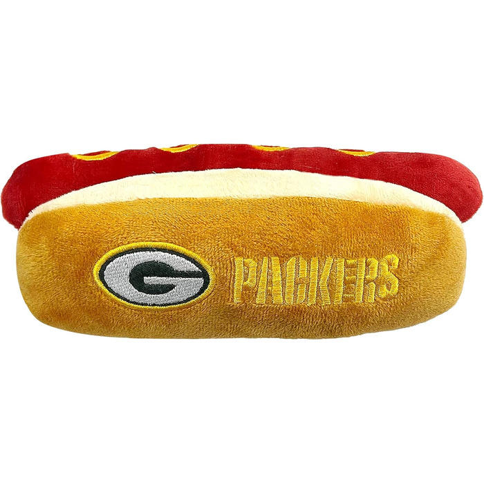 Іграшка для собак та котів у вигляді хот-дога з пискавкою Pets First NFL Green Bay Packers, плюшева, з логотипом футбольної команди
