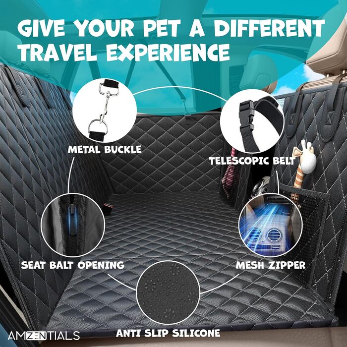 Захисний чохол на сидіння автомобіля для собак, 137,2 x 147,3 см, водовідштовхувальний, з ременями безпеки та гачками, подовжувач заднього сидіння для собак, ковдра для собак в авто, чохол на заднє сидіння