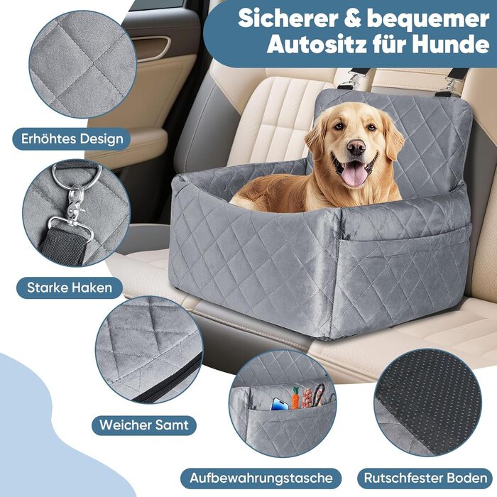 Автомобільний лежак для собак, кріплення на заднє сидіння, з ременями безпеки та кишенею для зберігання, 45x40x34 см