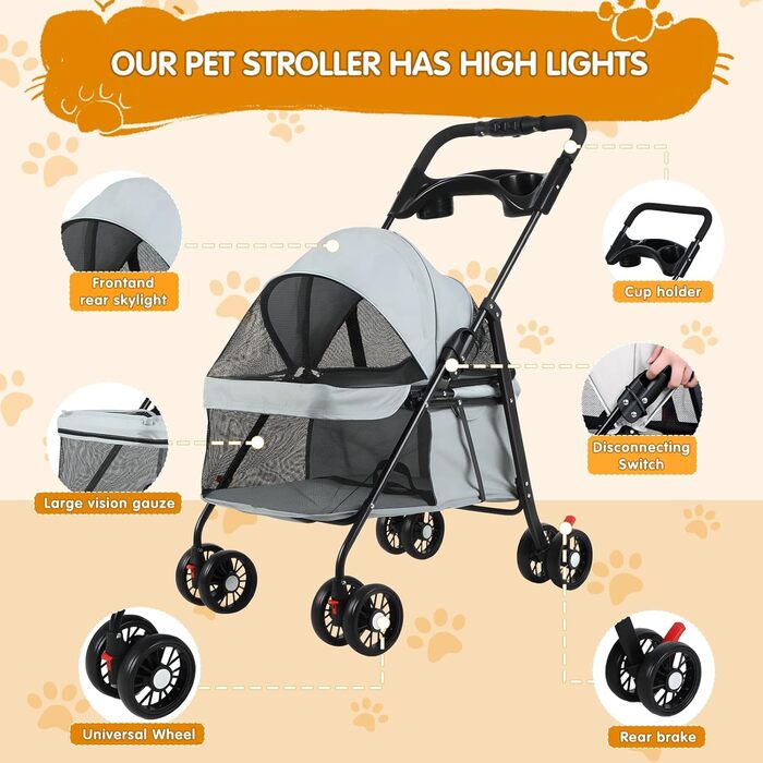 Дитяча коляска для тварин з 4 колесами, сіра: легка, складна, до 7,5 кг