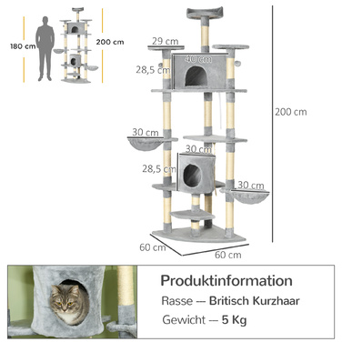 PawHut Cat Tree Велике 200 см XXL Котяче дерево з котячими печерами Гамаки для великих кішок у світло-сірому кольорі