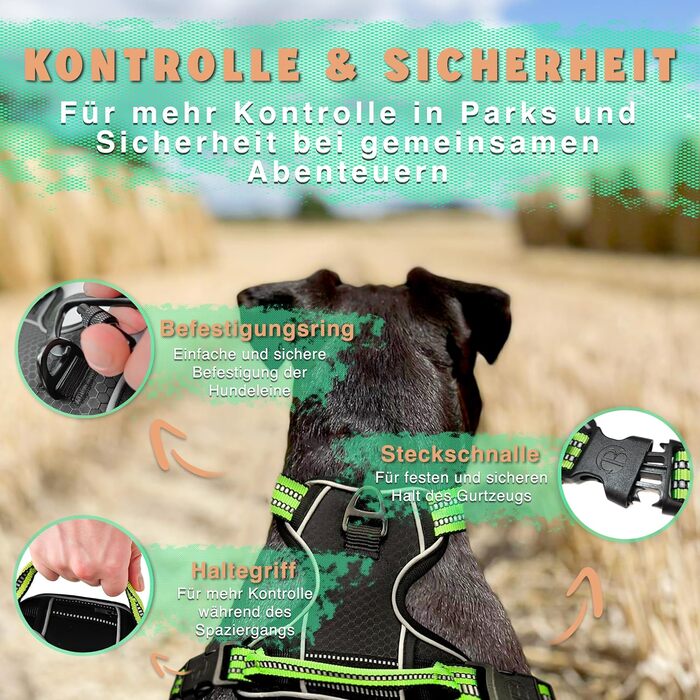 Шлейка для собак середніх порід Bluzelle з ручкою та кишенею для GPS-трекера, світловідбиваюча, дихаюча, зелена (L, чорний 3)