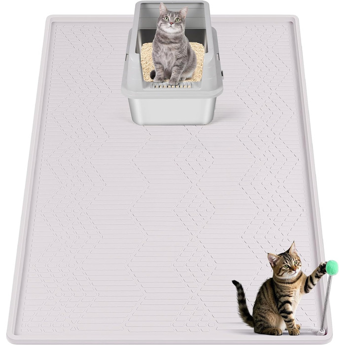 Килимок для котячого туалету Bartuke з іграшкою-м'ячиком, 86 x 56 см, силіконовий, контролює розсипання, м'який для лапок, легко миється (Білий)