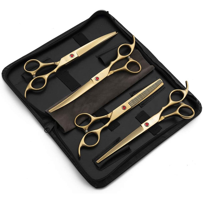 Професійний набір для стрижки собак Moontay: 4 ножиці (прямі, вигнуті вгору, вигнуті вниз, фінішна), JP Edelstahl, золото